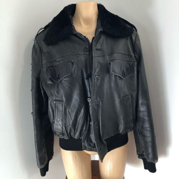 Destroyed Vintage 80s Pierre Cardin Men's Size 42 Leather Bomber Jacket Grunge - Picture 2 of 16